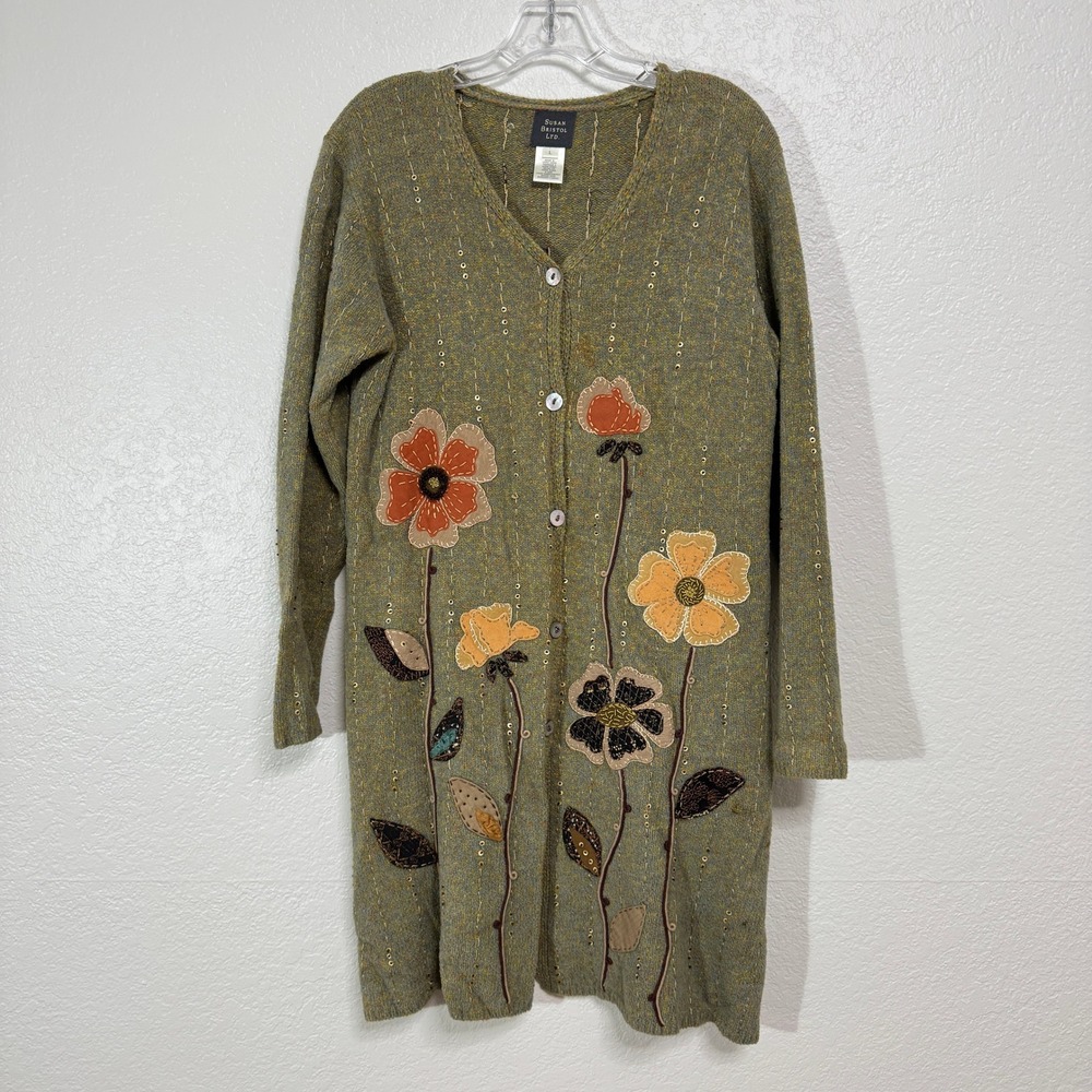 Susan Bristol Cardigan Women Large Green Wool Blend Embroidered Floral Boho
